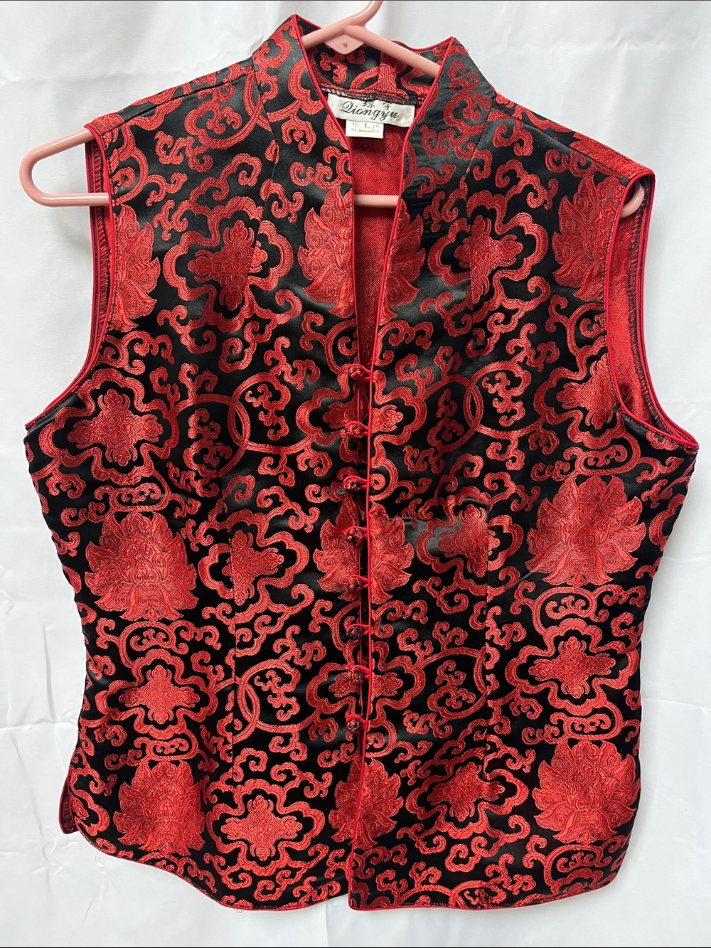 Women's Red & Black Brocade Mandarin Collar Top metallic %100 SILK size L